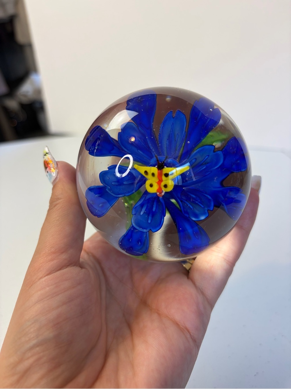 Art Glass Paperweight Blue Flower Butterfly Controlled Bubble Orb Sphere Decor - Picture 3 of 7